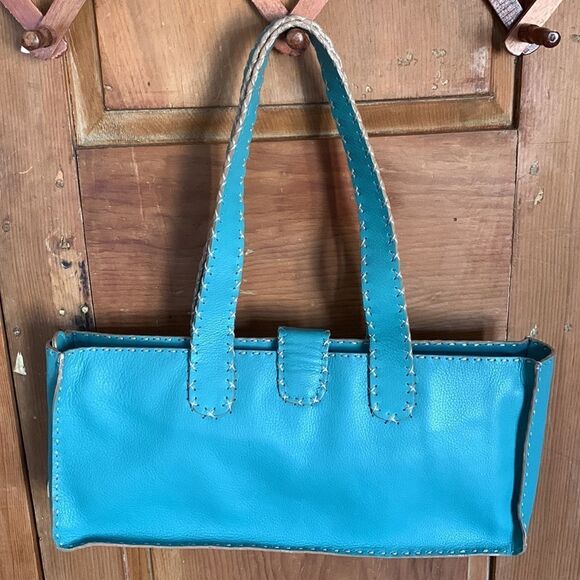 RD2 Randal Dodge aqua teal leather cross stitch trim shoulder bag - Picture 3 of 9